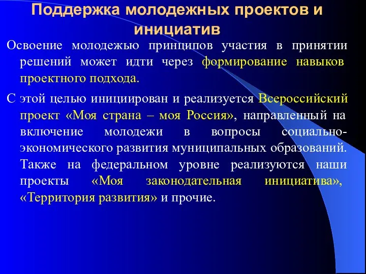 Поддержка молодежных проектов и инициатив Освоение молодежью принципов участия в принятии