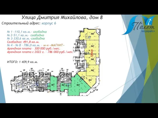 Строительный адрес: корпус 6 № 1 -110,1 кв.м.- свободно № 2-51,1