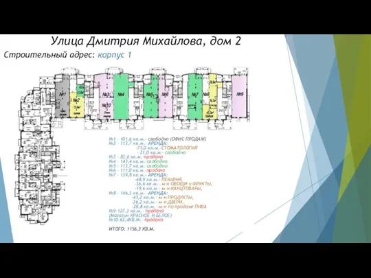 Строительный адрес: корпус 1 №1 - 101,6 кв.м.- свободно (ОФИС ПРОДАЖ)