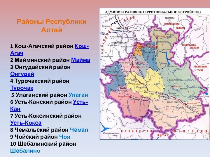 Районы Республики Алтай 1 Кош-Агачский район Кош-Агач 2 Майминский район Майма