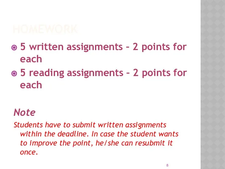 HOMEWORK 5 written assignments – 2 points for each 5 reading