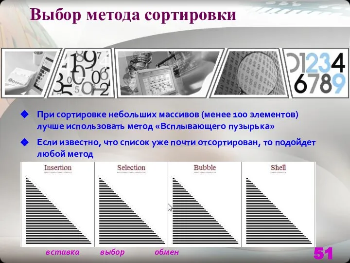 Выбор метода сортировки При сортировке небольших массивов (менее 100 элементов) лучше