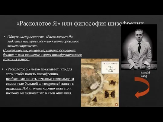 «Расколотое Я» или философия шизофрении Общая настроенность «Расколотого Я» задается настроенностью