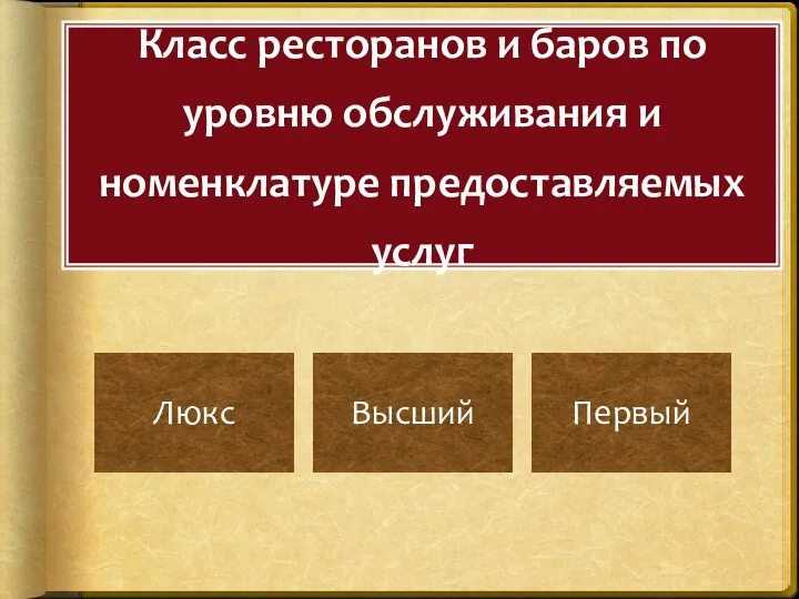 Класс ресторанов и баров по уровню обслуживания и номенклатуре предоставляемых услуг Люкс Высший Первый