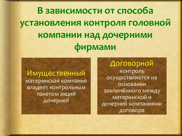 В зависимости от способа установления контроля головной компании над дочерними фирмами