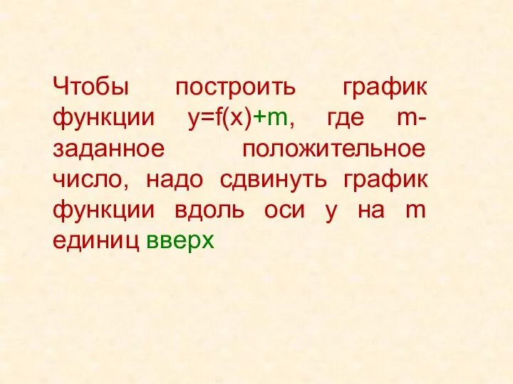 Чтобы построить график функции у=f(x)+m, где m-заданное положительное число, надо сдвинуть