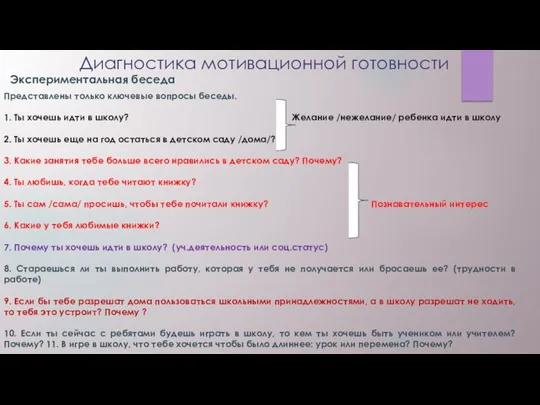 Диагностика мотивационной готовности Экспериментальная беседа Представлены только ключевые вопросы беседы. 1.