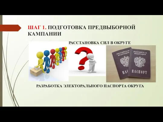 ШАГ 1. ПОДГОТОВКА ПРЕДВЫБОРНОЙ КАМПАНИИ ОЦЕНКА РАССТАНОВКА СИЛ В ОКРУГЕ РАЗРАБОТКА ЭЛЕКТОРАЛЬНОГО ПАСПОРТА ОКРУГА