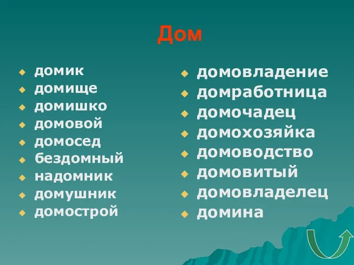 Дом домик домище домишко домовой домосед бездомный надомник домушник домострой домовладение