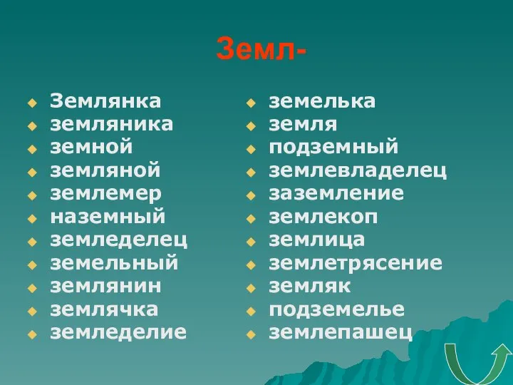 Земл- Землянка земляника земной земляной землемер наземный земледелец земельный землянин землячка