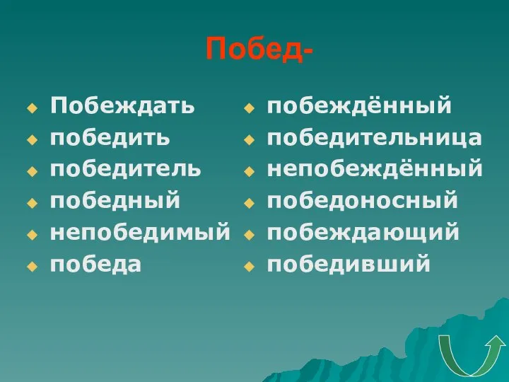 Побед- Побеждать победить победитель победный непобедимый победа побеждённый победительница непобеждённый победоносный побеждающий победивший