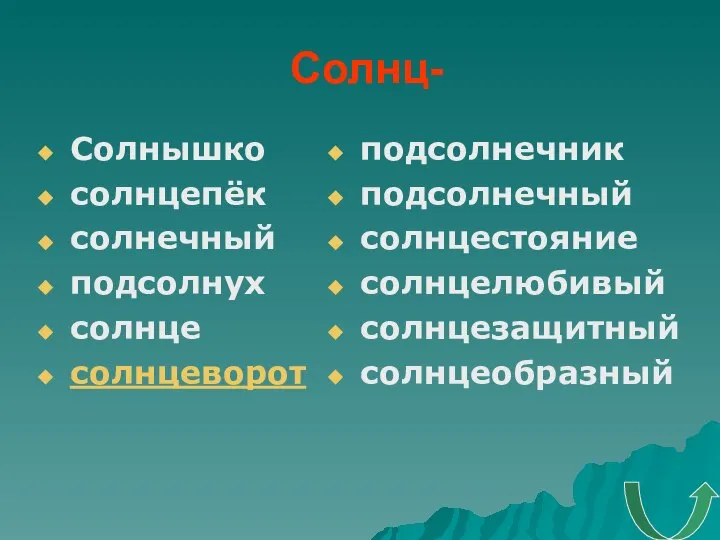 Солнц- Солнышко солнцепёк солнечный подсолнух солнце солнцеворот подсолнечник подсолнечный солнцестояние солнцелюбивый солнцезащитный солнцеобразный