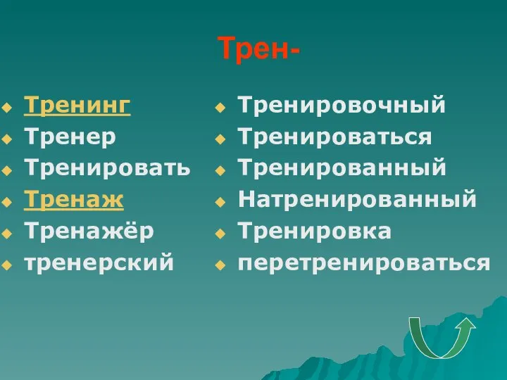 Трен- Тренинг Тренер Тренировать Тренаж Тренажёр тренерский Тренировочный Тренироваться Тренированный Натренированный Тренировка перетренироваться