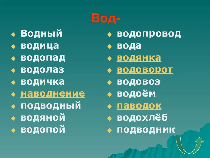 Вод- Водный водица водопад водолаз водичка наводнение подводный водяной водопой водопровод