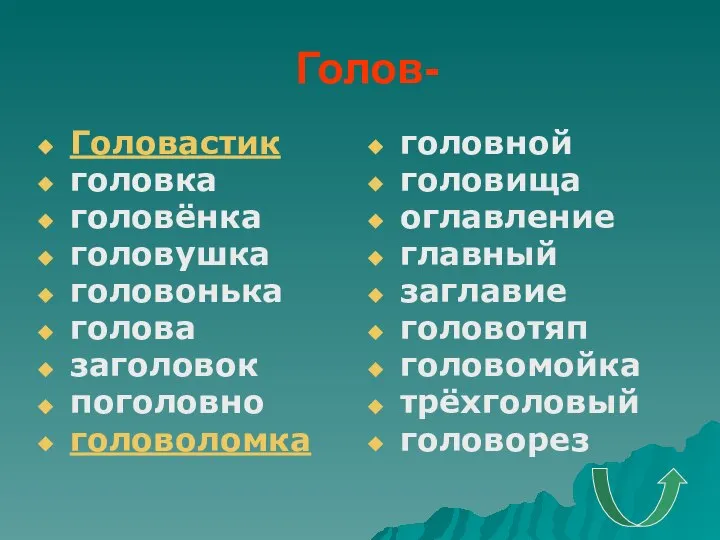 Голов- Головастик головка головёнка головушка головонька голова заголовок поголовно головоломка головной