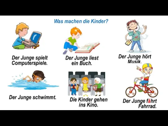 Was machen die Kinder? Der Junge spielt Computerspiele. Der Junge hört