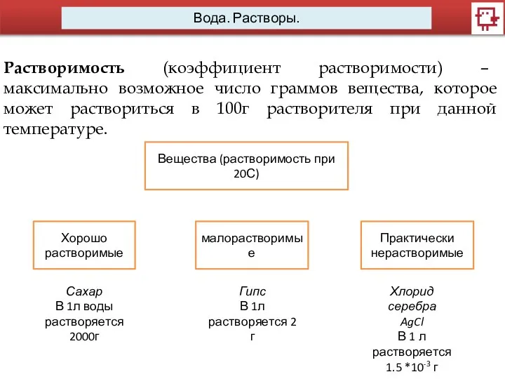 Вода. Растворы. Растворимость (коэффициент растворимости) – максимально возможное число граммов вещества,