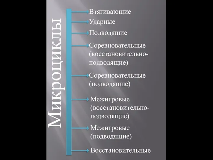 Микроциклы Втягивающие Ударные Подводящие Соревновательные (восстановительно-подводящие) Соревновательные (подводящие) Межигровые (подводящие) Межигровые (восстановительно-подводящие) Восстановительные