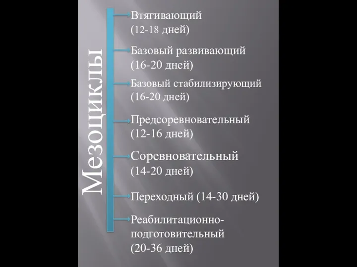 Мезоциклы Втягивающий (12-18 дней) Базовый развивающий (16-20 дней) Предсоревновательный (12-16 дней)