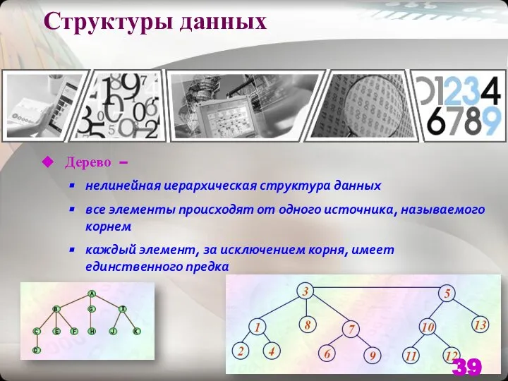 Структуры данных Дерево – нелинейная иерархическая структура данных все элементы происходят