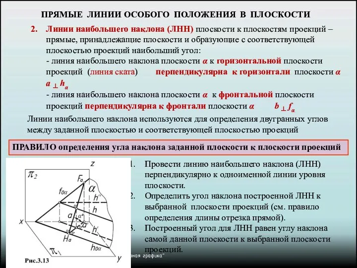 Линии наибольшего наклона (ЛНН) плоскости к плоскостям проекций – прямые, принадлежащие