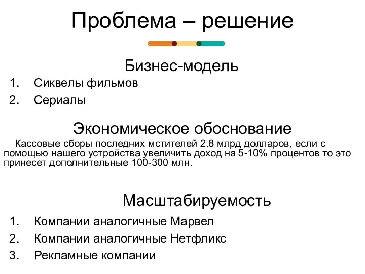 Проблема – решение Масштабируемость Бизнес-модель Компании аналогичные Марвел Компании аналогичные Нетфликс