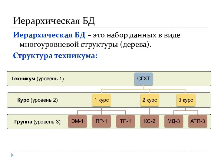 Иерархическая БД Иерархическая БД – это набор данных в виде многоуровневой структуры (дерева). Структура техникума: