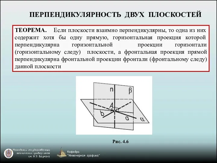 ПЕРПЕНДИКУЛЯРНОСТЬ ДВУХ ПЛОСКОСТЕЙ ТЕОРЕМА. Если плоскости взаимно перпендикулярны, то одна из