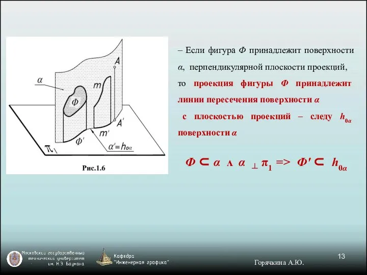 – Если фигура Ф принадлежит поверхности α, перпендикулярной плоскости проекций, то