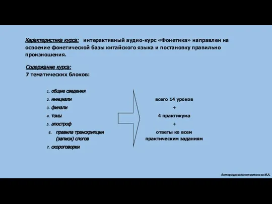 Характеристика курса: интерактивный аудио-курс «Фонетика» направлен на освоение фонетической базы китайского