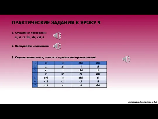 1. Слушаем и повторяем: zì, sì, cǐ, zhì, shì, chǐ,rì 2.