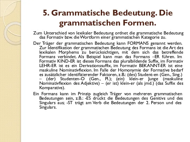 5. Grammatische Bedeutung. Die grammatischen Formen. Zum Unterschied von lexikaler Bedeutung