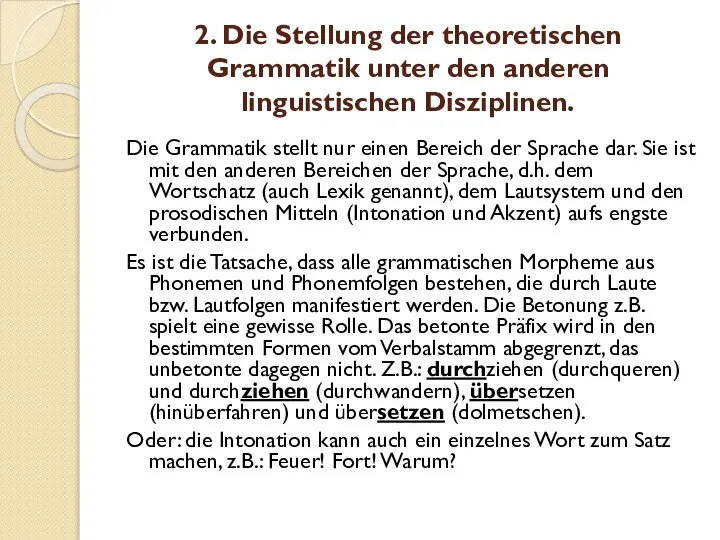 2. Die Stellung der theoretischen Grammatik unter den anderen linguistischen Disziplinen.