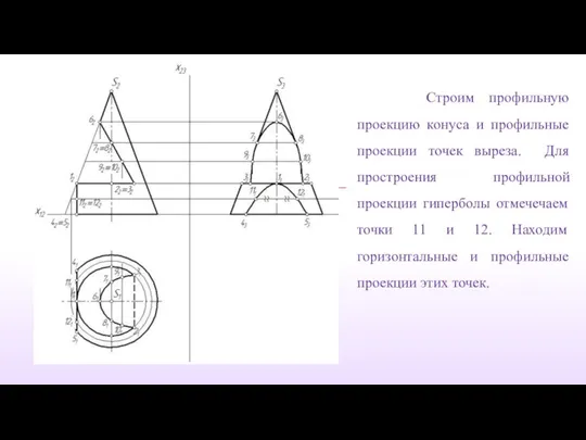 Строим профильную проекцию конуса и профильные проекции точек выреза. Для простроения