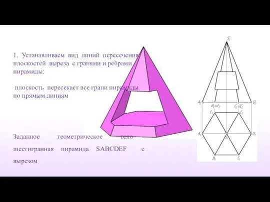 Заданное геометрическое тело - шестигранная пирамида SABСDEF с вырезом 1. Устанавливаем