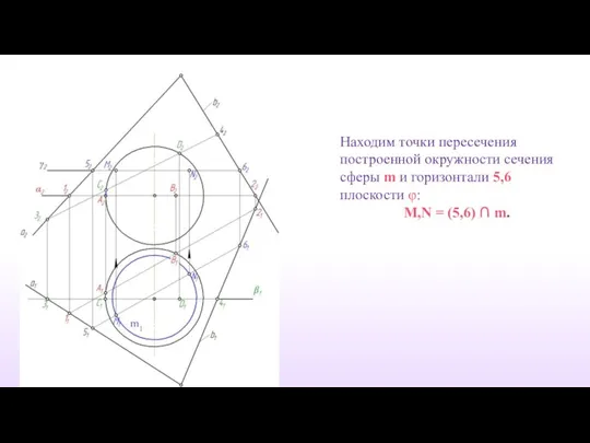 Находим точки пересечения построенной окружности сечения сферы m и горизонтали 5,6