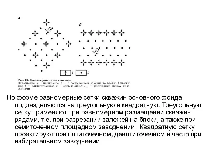 По форме равномерные сетки скважин основного фонда подразделяются на треугольную и