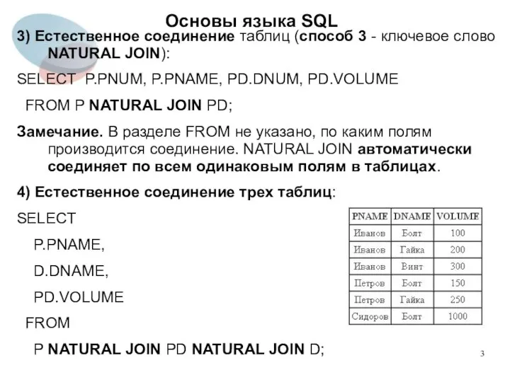 3) Естественное соединение таблиц (способ 3 - ключевое слово NATURAL JOIN):