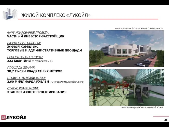 ЖИЛОЙ КОМПЛЕКС «ЛУКОЙЛ» ФИНАНСИРОВАНИЕ ПРОЕКТА: ЧАСТНЫЙ ИНВЕСТОР-ЗАСТРОЙЩИК НАЗНАЧЕНИЕ ОБЪЕКТА: ЖИЛОЙ КОМПЛЕКС