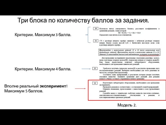 Три блока по количеству баллов за задания. Модель 2. Критерии. Максимум