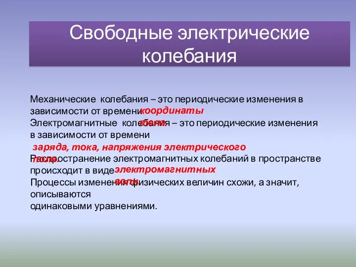 Свободные электрические колебания Механические колебания – это периодические изменения в зависимости