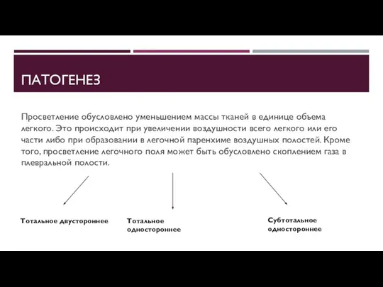 ПАТОГЕНЕЗ Просветление обусловлено уменьшением массы тканей в единице объема легкого. Это