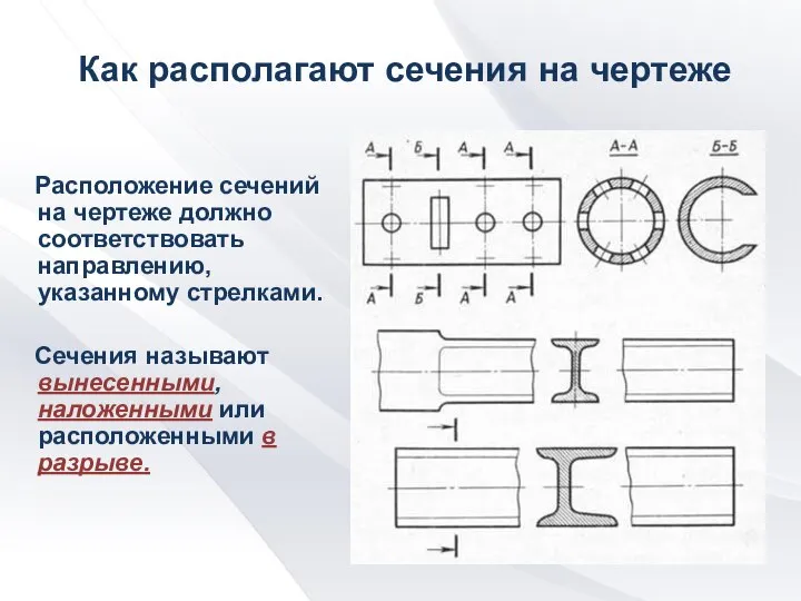 Как располагают сечения на чертеже Расположение сечений на чертеже должно соответствовать