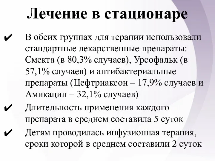 Лечение в стационаре В обеих группах для терапии использовали стандартные лекарственные