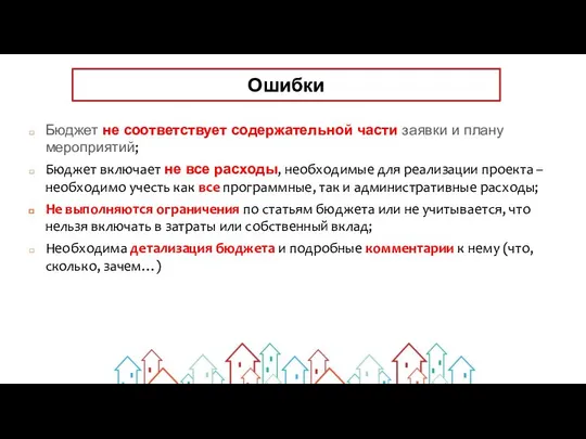 Ошибки Бюджет не соответствует содержательной части заявки и плану мероприятий; Бюджет