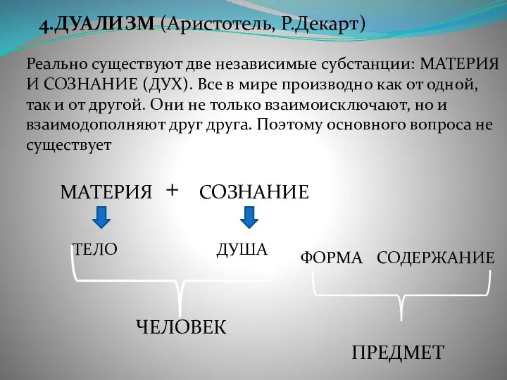 4.ДУАЛИЗМ (Аристотель, Р.Декарт) Реально существуют две независимые субстанции: МАТЕРИЯ И СОЗНАНИЕ