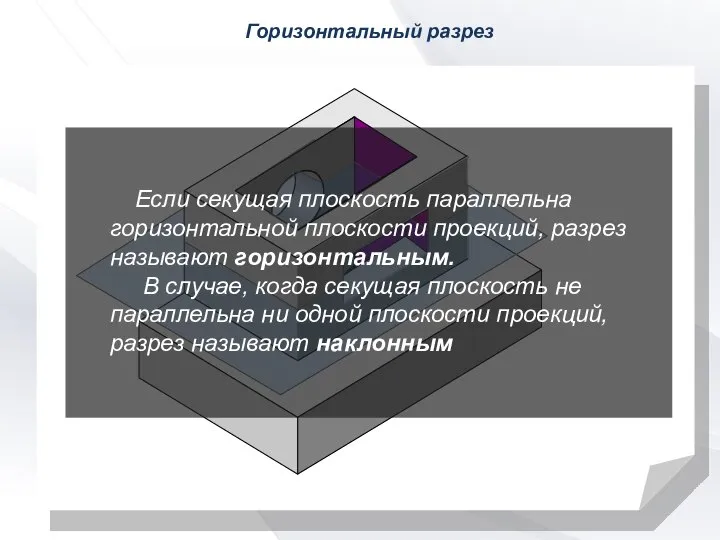 Горизонтальный разрез Если секущая плоскость параллельна горизонтальной плоскости проекций, разрез называют