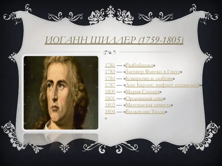 ИОГАНН ШИЛЛЕР (1759-1805) 1781 — «Разбойники» 1783 — «Заговор Фиеско в