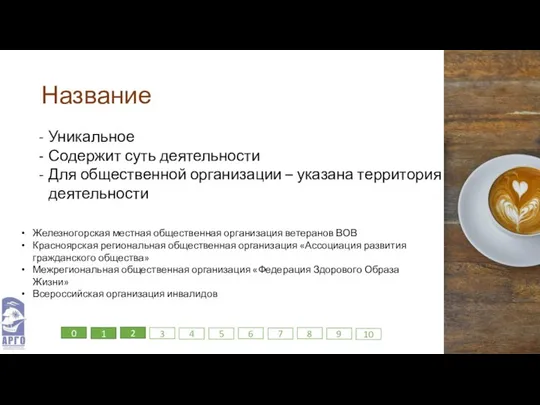 Название Уникальное Содержит суть деятельности Для общественной организации – указана территория