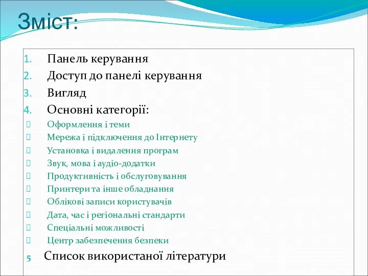 Зміст: Панель керування Доступ до панелі керування Вигляд Основні категорії: Оформлення